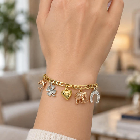 Oro Laminado Charm Bracelet, Gold Filled Style Heart and Elephant Design, Polished, Tricolor