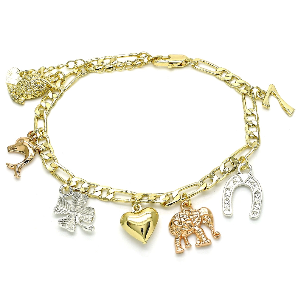 Oro Laminado Charm Bracelet, Gold Filled Style Heart and Elephant Design, Polished, Tricolor
