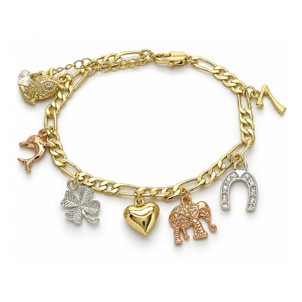 Oro Laminado Charm Bracelet, Gold Filled Style Heart and Elephant Design, Polished, Tricolor