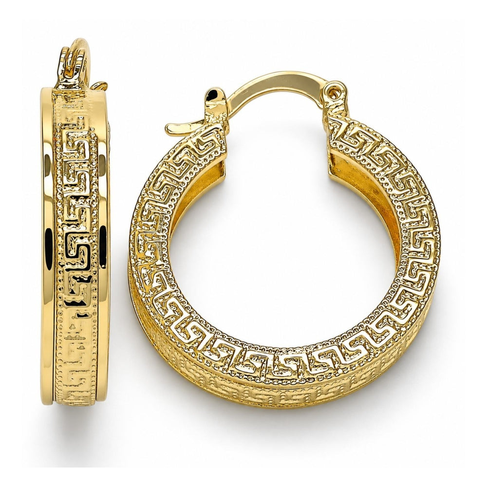 Oro Laminado Small Hoop, Gold Filled Style Greek Key Design, Polished, Golden Finish