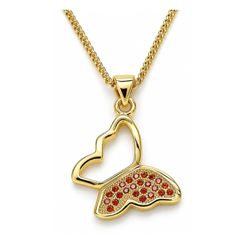 Oro Laminado Pendant Necklace, Gold Filled Style Butterfly Design, with Garnet Micro Pave, Polished, Golden Finish