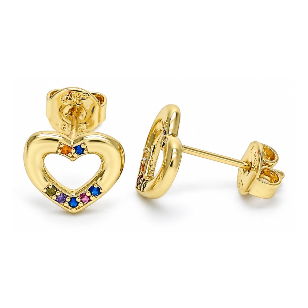 Oro Laminado Stud Earring, Gold Filled Style Heart Design, with Multicolor Micro Pave, Polished, Golden Finish