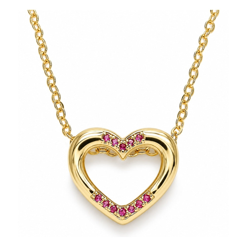 Oro Laminado Pendant Necklace, Gold Filled Style Heart Design, with Ruby Micro Pave, Polished, Golden Finish