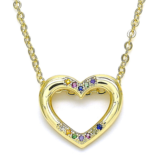 Oro Laminado Pendant Necklace, Gold Filled Style Heart Design, with Multicolor Micro Pave, Polished, Golden Finish