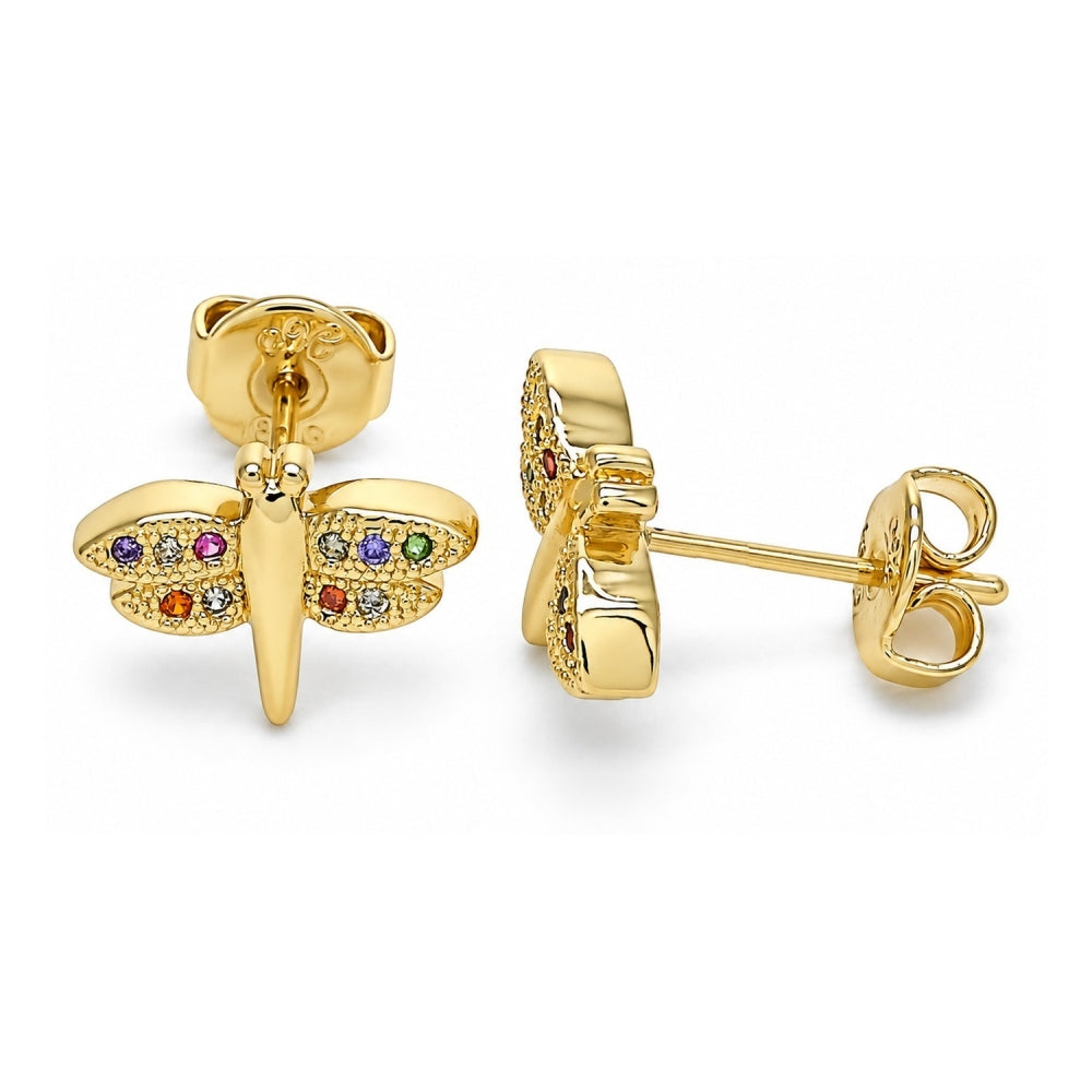 Oro Laminado Stud Earring, Gold Filled Style Dragon-Fly Design, with Multicolor Micro Pave, Polished, Golden Finish