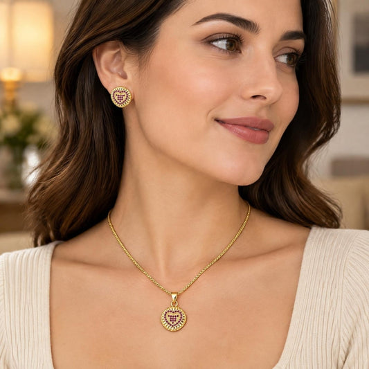 Oro Laminado Earring and Pendant Adult Set, Gold Filled Style Heart Design, with Ruby Micro Pave, Polished, Golden Finish