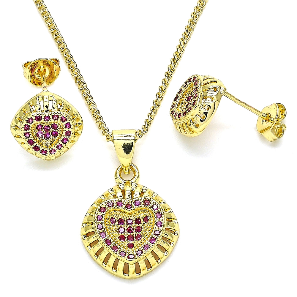 Oro Laminado Earring and Pendant Adult Set, Gold Filled Style Heart Design, with Ruby Micro Pave, Polished, Golden Finish