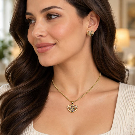 Oro Laminado Earring and Pendant Adult Set, Gold Filled Style Heart Design, with Multicolor Micro Pave, Polished, Golden Finish