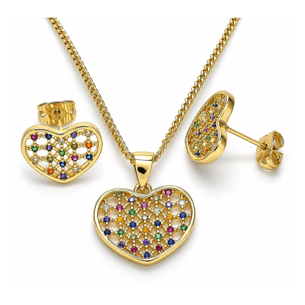 Oro Laminado Earring and Pendant Adult Set, Gold Filled Style Heart Design, with Multicolor Micro Pave, Polished, Golden Finish