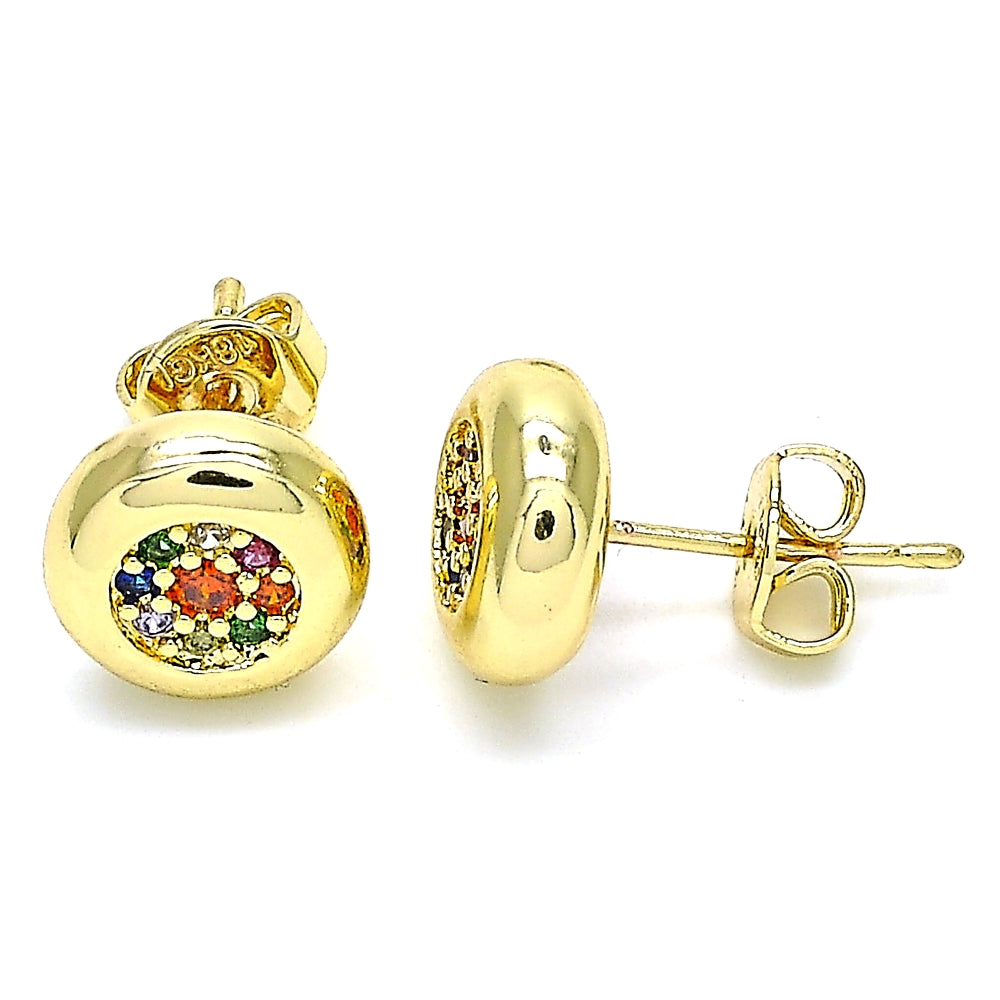 Oro Laminado Stud Earring, Gold Filled Style with Multicolor Micro Pave, Polished, Golden Finish