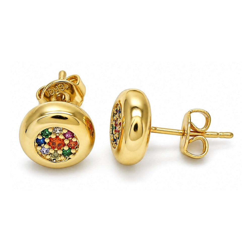 Oro Laminado Stud Earring, Gold Filled Style with Multicolor Micro Pave, Polished, Golden Finish