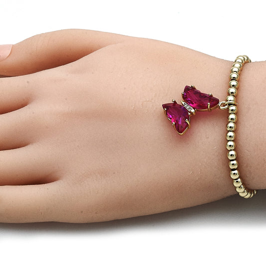 Oro Laminado Fancy Bracelet, Gold Filled Style Expandable Bead and Butterfly Design, with Fuchsia Crystal and White Micro Pave, Polished, Golden Finish
