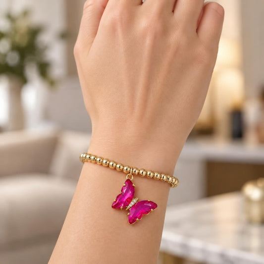 Oro Laminado Fancy Bracelet, Gold Filled Style Expandable Bead and Butterfly Design, with Fuchsia Crystal and White Micro Pave, Polished, Golden Finish