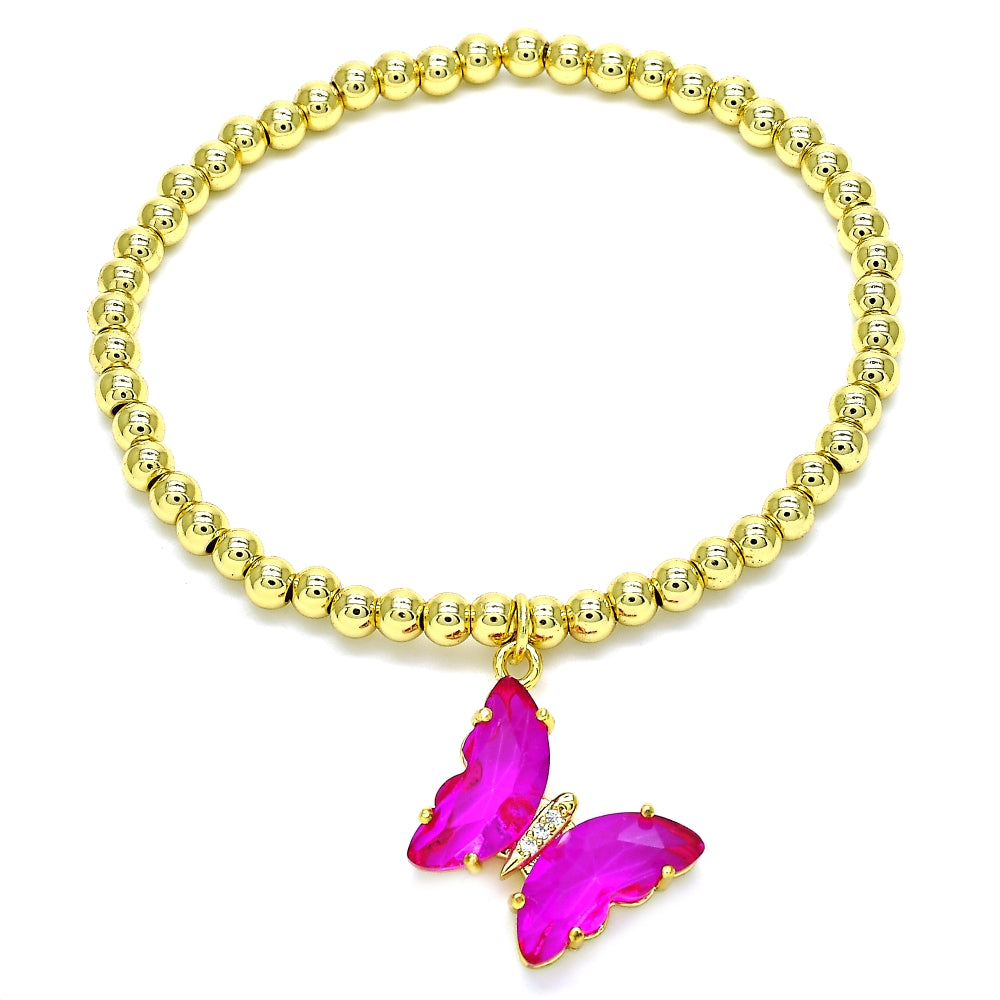 Oro Laminado Fancy Bracelet, Gold Filled Style Expandable Bead and Butterfly Design, with Fuchsia Crystal and White Micro Pave, Polished, Golden Finish