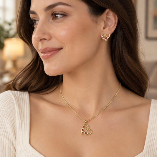 Oro Laminado Earring and Pendant Adult Set, Gold Filled Style Heart and Bow Design, with Garnet and White Cubic Zirconia, Polished, Golden Finish