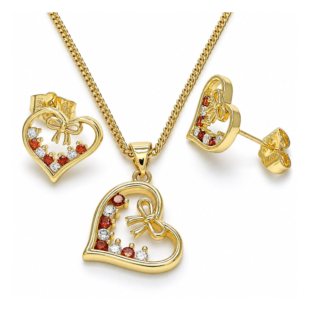 Oro Laminado Earring and Pendant Adult Set, Gold Filled Style Heart and Bow Design, with Garnet and White Cubic Zirconia, Polished, Golden Finish