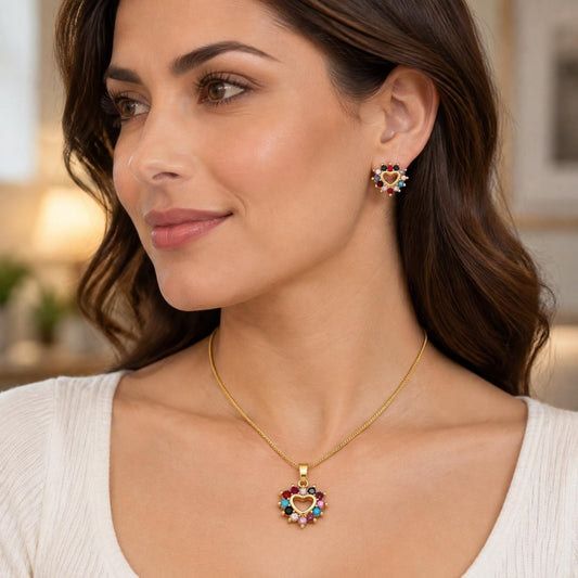 Oro Laminado Earring and Pendant Adult Set, Gold Filled Style Heart Design, with Multicolor Cubic Zirconia, Polished, Golden Finish