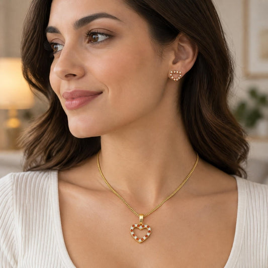 Oro Laminado Earring and Pendant Adult Set, Gold Filled Style Heart Design, with Garnet and White Micro Pave, Polished, Golden Finish