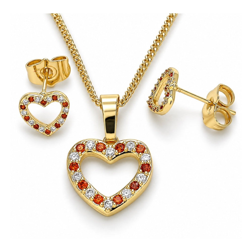 Oro Laminado Earring and Pendant Adult Set, Gold Filled Style Heart Design, with Garnet and White Micro Pave, Polished, Golden Finish