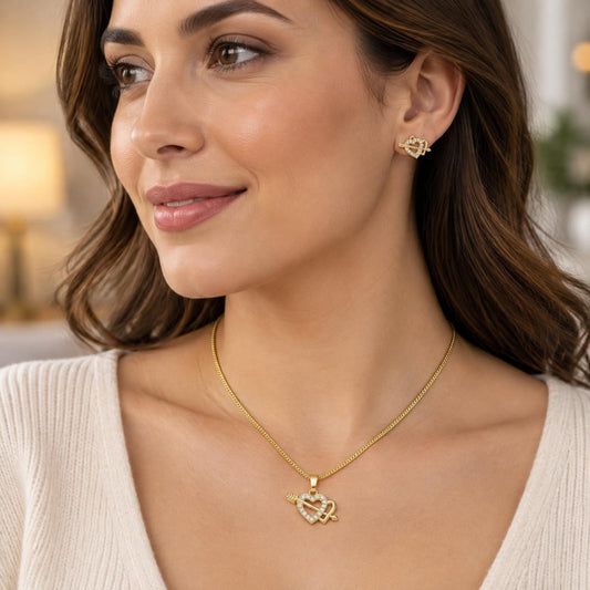 Oro Laminado Earring and Pendant Adult Set, Gold Filled Style Heart Design, with White Micro Pave, Polished, Golden Finish