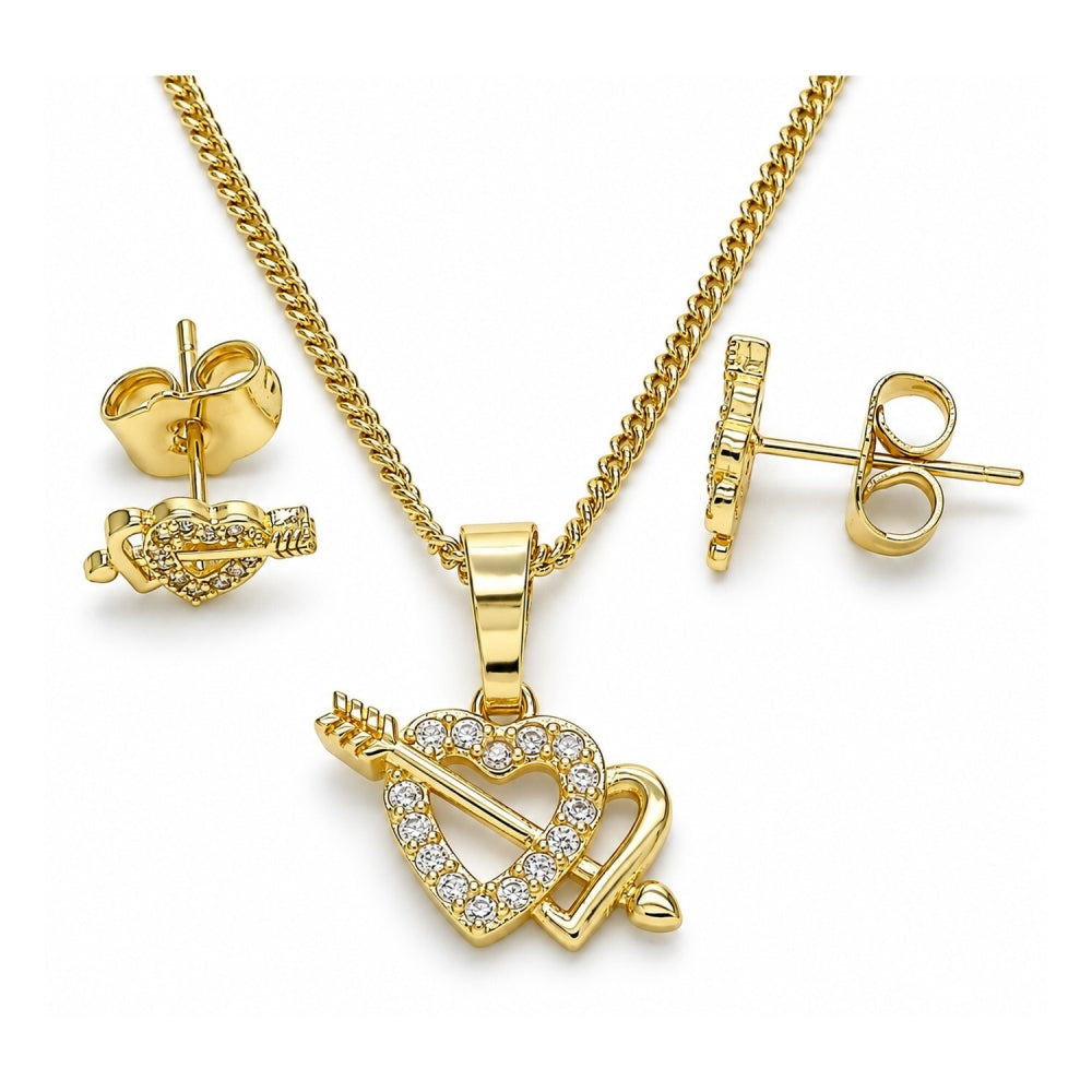 Oro Laminado Earring and Pendant Adult Set, Gold Filled Style Heart Design, with White Micro Pave, Polished, Golden Finish