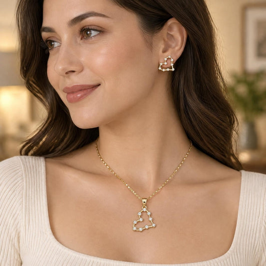 Oro Laminado Earring and Pendant Adult Set, Gold Filled Style Heart Design, with White Crystal, Polished, Golden Finish