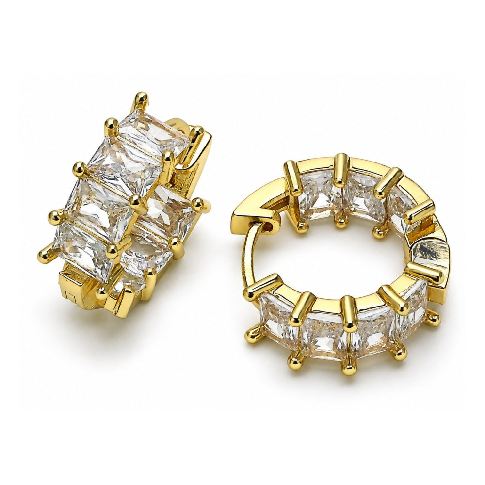 Oro Laminado Huggie Hoop, Gold Filled Style with White Cubic Zirconia, Polished, Golden Finish