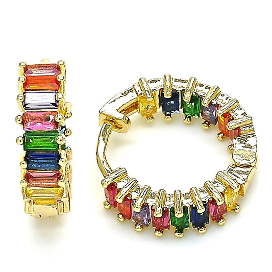 Oro Laminado Huggie Hoop, Gold Filled Style Baguette Design, with Multicolor Cubic Zirconia, Polished, Golden Finish