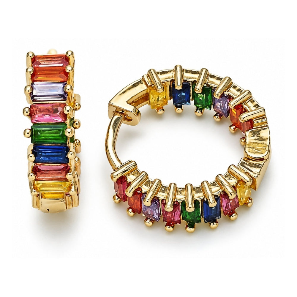 Oro Laminado Huggie Hoop, Gold Filled Style Baguette Design, with Multicolor Cubic Zirconia, Polished, Golden Finish