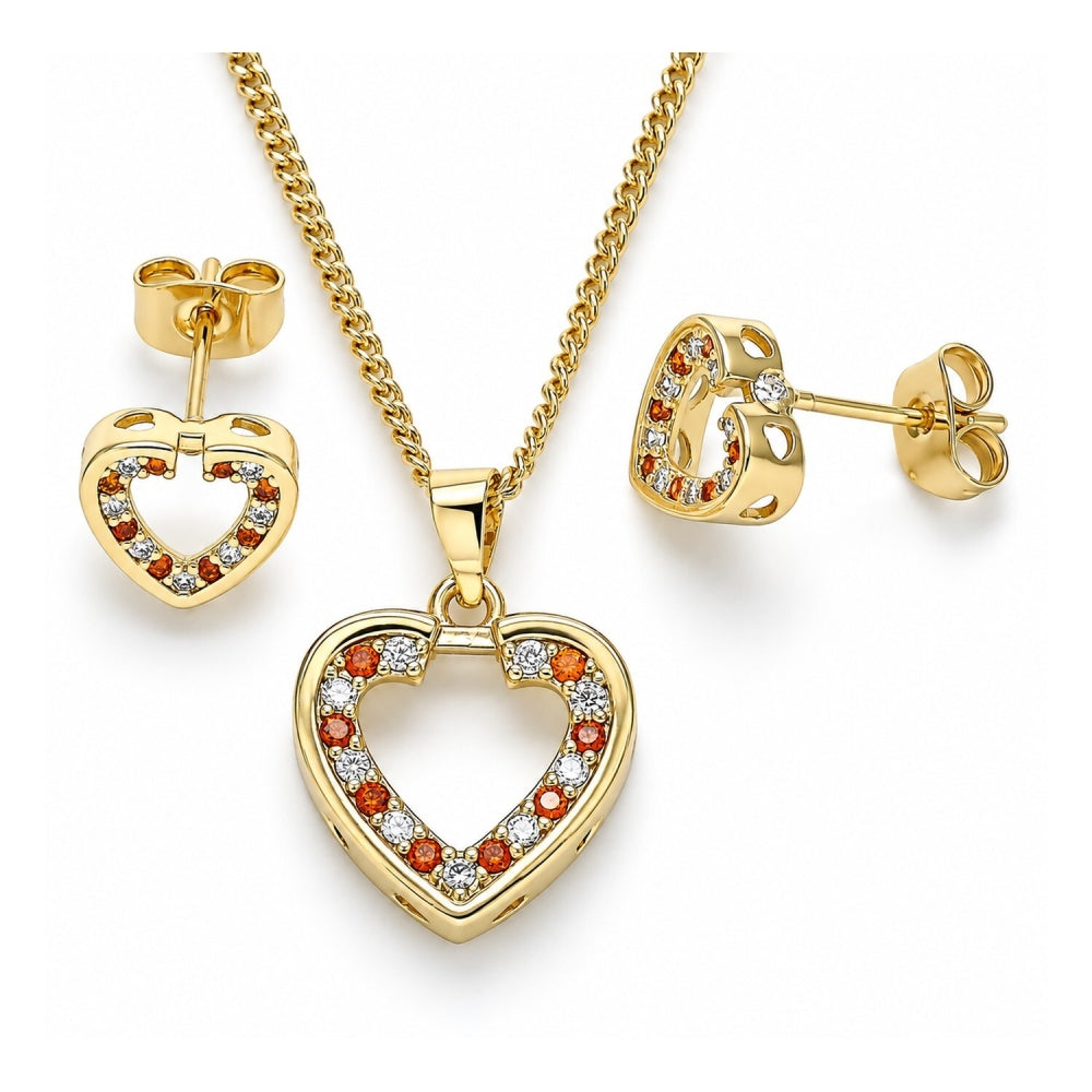 Oro Laminado Earring and Pendant Adult Set, Gold Filled Style Heart Design, with Garnet and White Micro Pave, Polished, Golden Finish