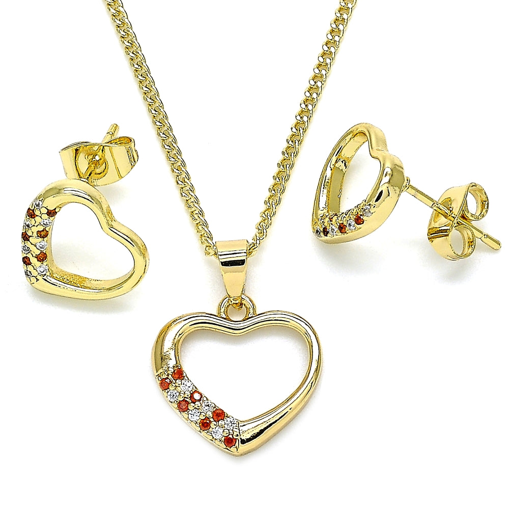 Oro Laminado Earring and Pendant Adult Set, Gold Filled Style Heart Design, with Garnet and White Micro Pave, Polished, Golden Finish