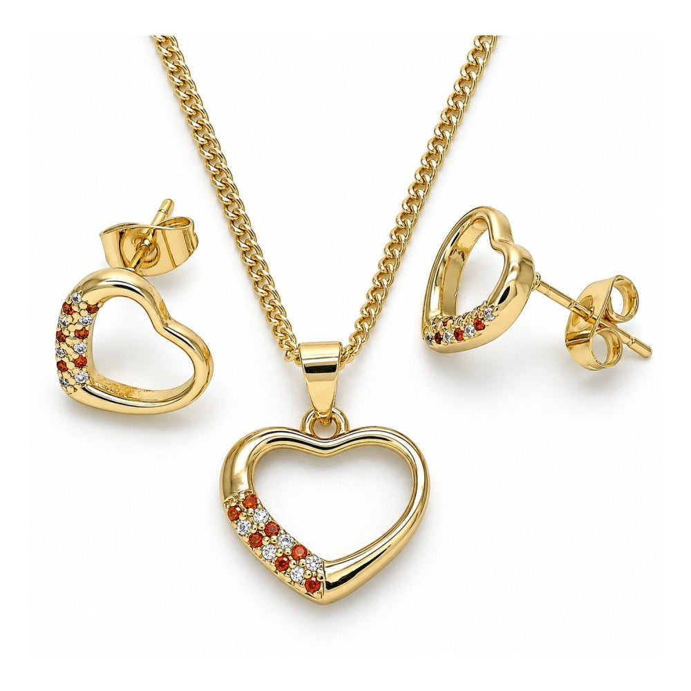 Oro Laminado Earring and Pendant Adult Set, Gold Filled Style Heart Design, with Garnet and White Micro Pave, Polished, Golden Finish
