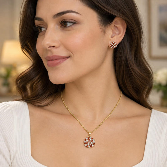 Oro Laminado Earring and Pendant Adult Set, Gold Filled Style with Garnet and White Micro Pave, Polished, Golden Finish