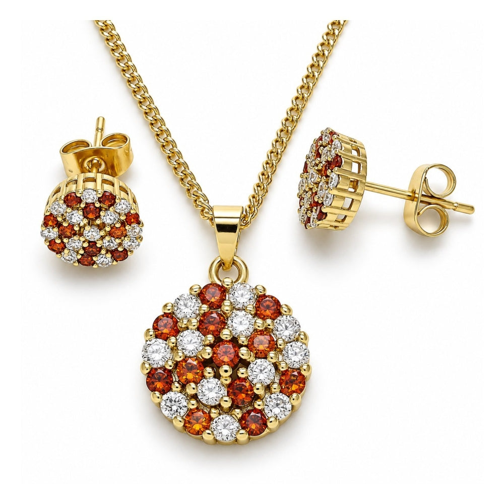 Oro Laminado Earring and Pendant Adult Set, Gold Filled Style with Garnet and White Micro Pave, Polished, Golden Finish