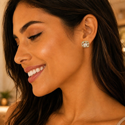 Oro Laminado Stud Earring, Gold Filled Style with Garnet and White Micro Pave, Polished, Golden Finish
