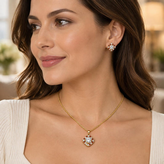 Oro Laminado Earring and Pendant Adult Set, Gold Filled Style Cluster Design, with Garnet and White Micro Pave, Polished, Golden Finish