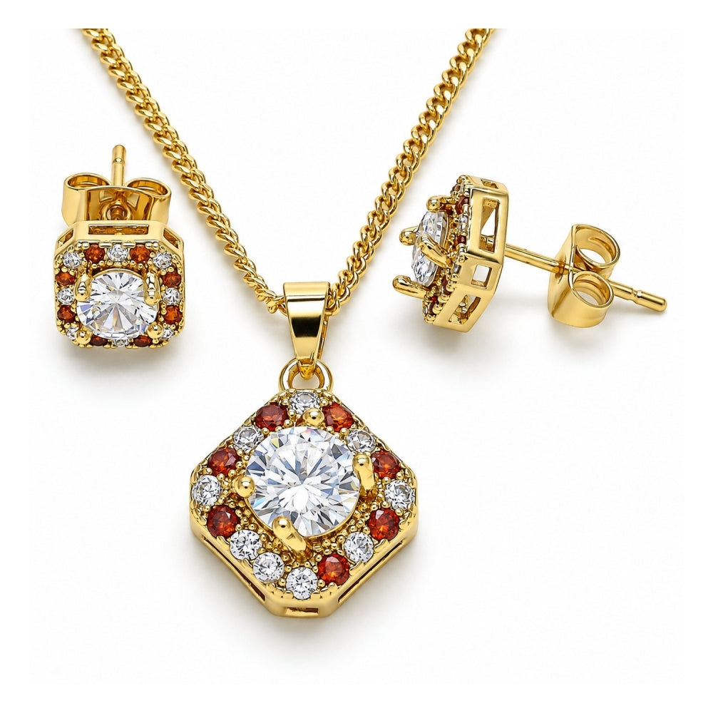 Oro Laminado Earring and Pendant Adult Set, Gold Filled Style Cluster Design, with Garnet and White Micro Pave, Polished, Golden Finish