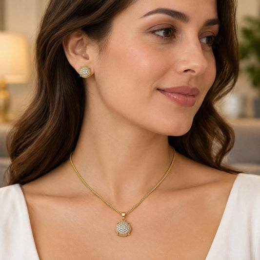 Oro Laminado Earring and Pendant Adult Set, Gold Filled Style with White Micro Pave, Polished, Golden Finish