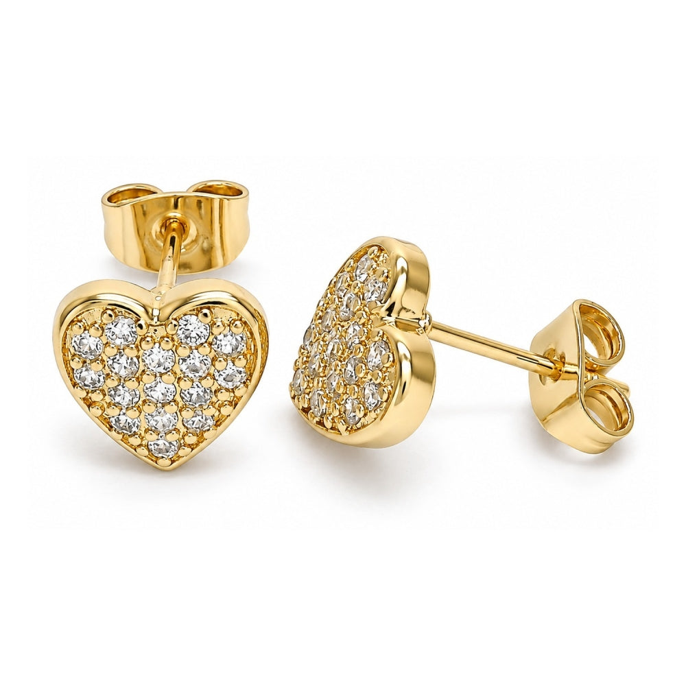 Oro Laminado Stud Earring, Gold Filled Style Heart Design, with White Micro Pave, Polished, Golden Finish