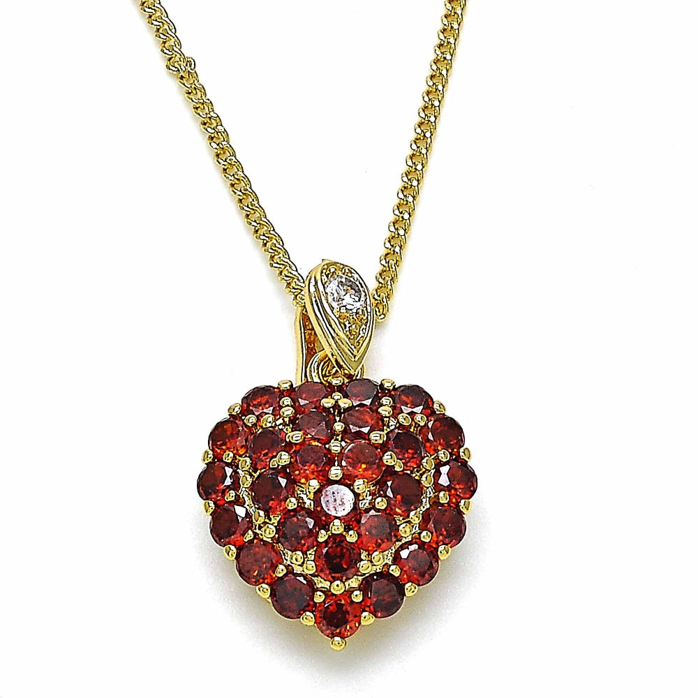 Oro Laminado Pendant Necklace, Gold Filled Style Heart Design, with Garnet and White Cubic Zirconia, Polished, Golden Finish
