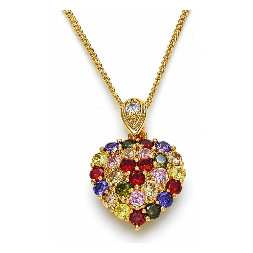 Oro Laminado Pendant Necklace, Gold Filled Style Heart Design, with Multicolor Cubic Zirconia, Polished, Golden Finish