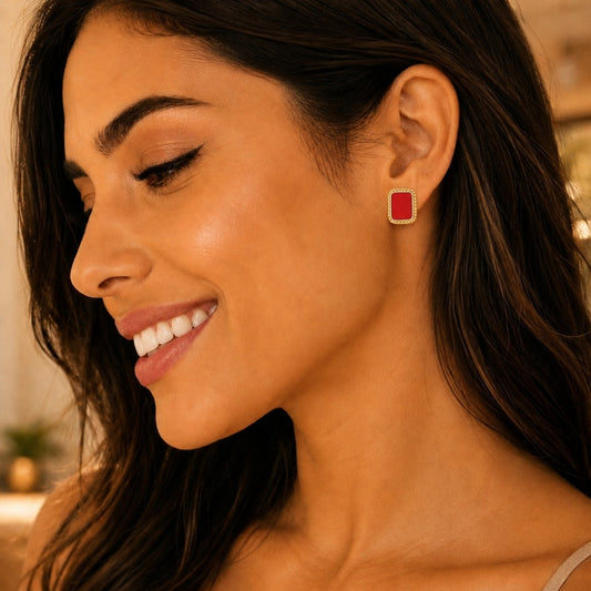 Oro Laminado Stud Earring, Gold Filled Style Red Enamel Finish, Golden Finish