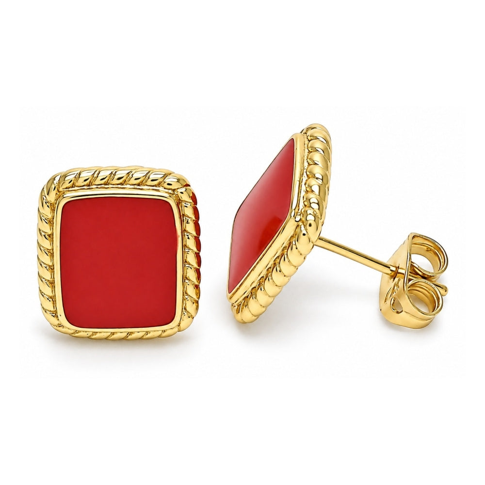 Oro Laminado Stud Earring, Gold Filled Style Red Enamel Finish, Golden Finish