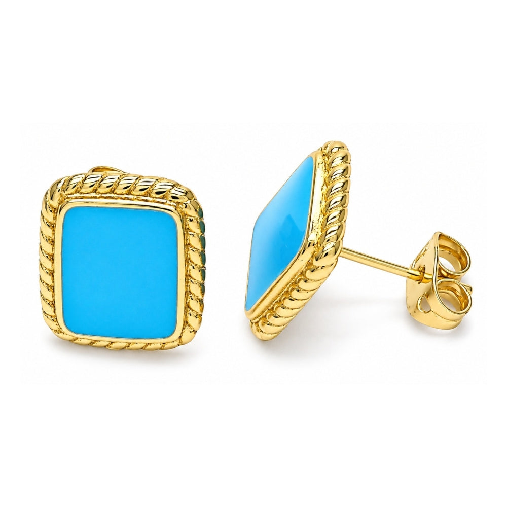 Oro Laminado Stud Earring, Gold Filled Style Turquoise Enamel Finish, Golden Finish