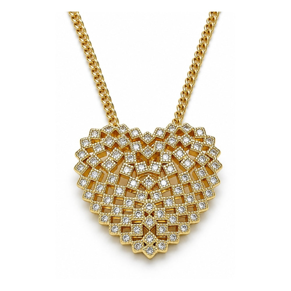 Oro Laminado Pendant Necklace, Gold Filled Style Heart Design, with White Micro Pave, Polished, Golden Finish