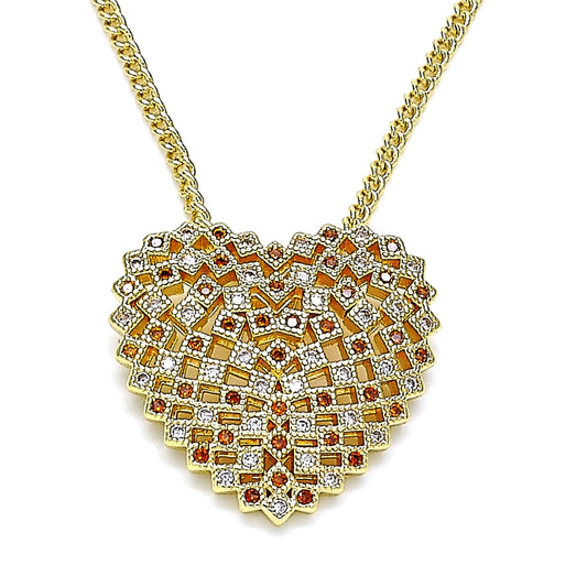 Oro Laminado Pendant Necklace, Gold Filled Style Heart Design, with Garnet and White Micro Pave, Polished, Golden Finish