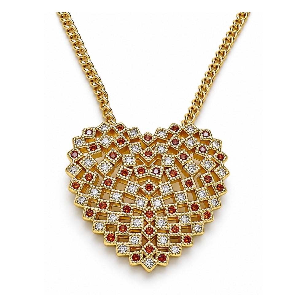 Oro Laminado Pendant Necklace, Gold Filled Style Heart Design, with Garnet and White Micro Pave, Polished, Golden Finish