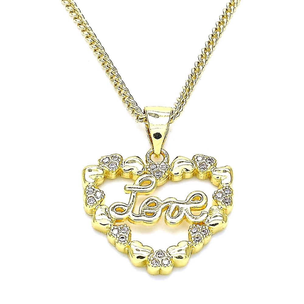 Oro Laminado Pendant Necklace, Gold Filled Style Heart and Love Design, with White Micro Pave, Polished, Golden Finish