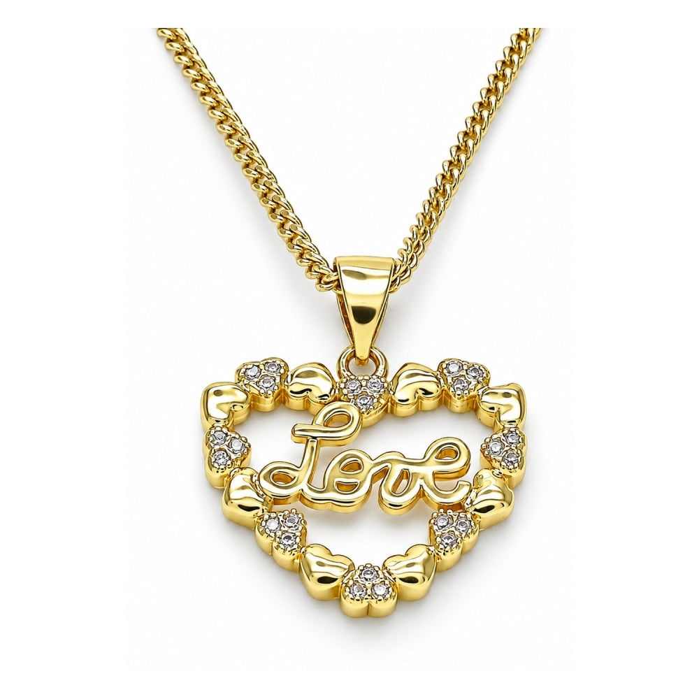 Oro Laminado Pendant Necklace, Gold Filled Style Heart and Love Design, with White Micro Pave, Polished, Golden Finish