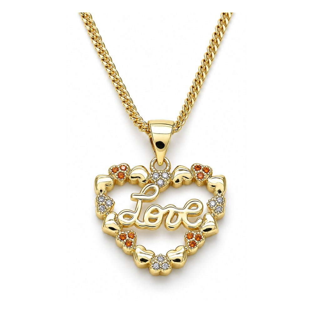 Oro Laminado Pendant Necklace, Gold Filled Style Heart and Love Design, with Garnet and White Micro Pave, Polished, Golden Finish